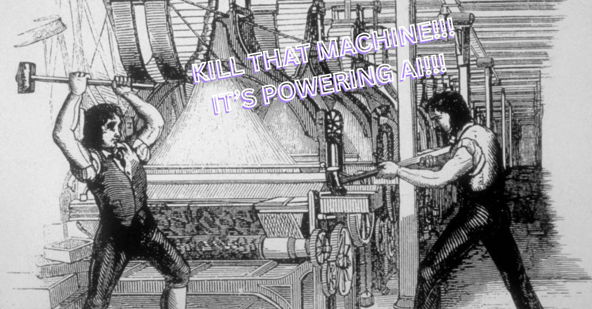 Luddites going crazy on a machine powering the AI overlord
